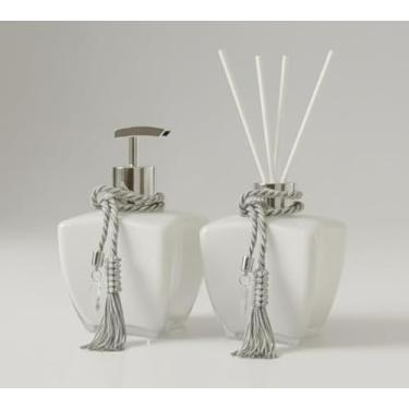 Imagem de Kit Vidros Banheiro Luxo Branco Porta Sabonete E Difusor (Prata)