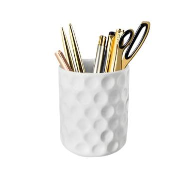 Imagem de TANZOIJI Suporte de caneta redondo de cerâmica, organizador de mesa branco, copo de lápis fofo para escritório, casa, pincéis de maquiagem, presente para meninas, crianças, mulheres