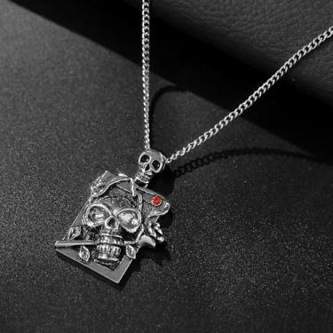 Imagem de 1 colar exclusivo com pingente de prata metálica incrustado de diamante rosa crânio geométrico, adequado para homens e mulheres, perfeito para uso diário, encontros, danças, festas e festivais de