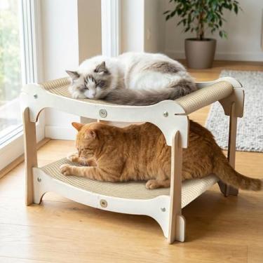 Imagem de Cama arranhadora de sisal para gatos para 2 gatos, grande tábua de arranhar de sisal natural, moldura de madeira maciça resistente, fácil montagem