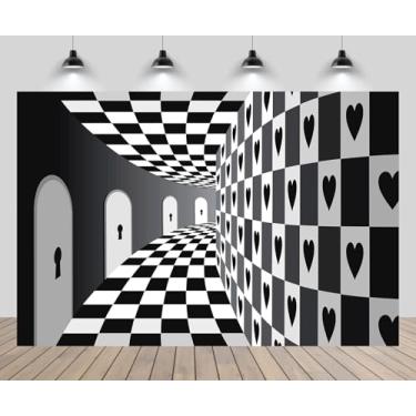Imagem de CHNYWORK 2,1 x 1,5 m Pano de fundo do País das Maravilhas preto e branco quadriculado para quarto mágico, corações negros, portas de fechadura, fundo, festa de casamento, aniversário, retrato