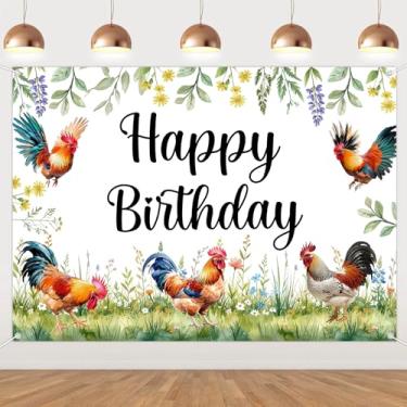 Imagem de JOYMEMO Pano de fundo de feliz aniversário de galo de 2,1 x 1,5 m - Decorações de festa de aniversário de galo para meninos e meninas, adultos, fundo de cabine de fotos com tema de galinha de fazenda