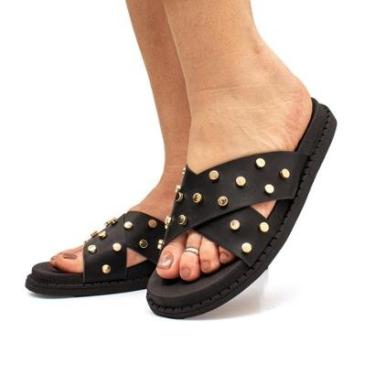 Imagem de Sandália Flatform Feminina Casual Brilho Metálico Enfeite Metal Papete Flat Plataforma-Feminino