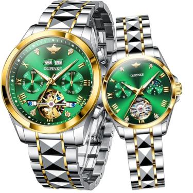 Imagem de OLEVS Conjunto de pares de relógios mecânicos automáticos com corda automática, relógio combinando para ele e ela, presentes de Dia dos Namorados, 3186+3202: pulseira dourada e mostrador verde