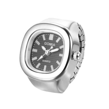 Imagem de JewelryWe Relógio de dedo quadrado feminino – analógico, quartzo, elástico, anel de anel, novidade, anéis de relógio elegantes para negócios casuais e escritório, Prata - Preto