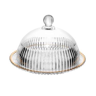 Imagem de Queijeira Porta Queijo de Vidro Cristal com Tampa Borda Fio Dourado Im