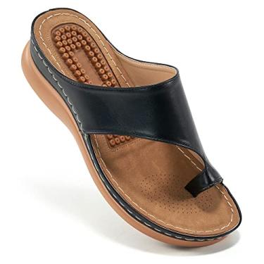 Imagem de Sapatos anabela para mulheres sandálias com suporte de arco confortável função de massagem ortopédica sandália feminina chinelo elegante verão andando plataforma, Preto, 5