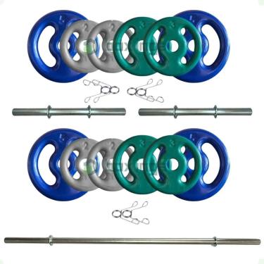 Imagem de Kit 40 Kg de Anilhas Emborrachadas + Barras Maciças Zincada com Presilhas-Unissex