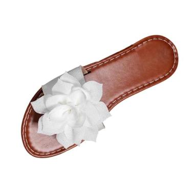 Imagem de Chinelos femininos sem cadarço com cabedal de tecido floral e design peep toe para uso casual, Branco, 39