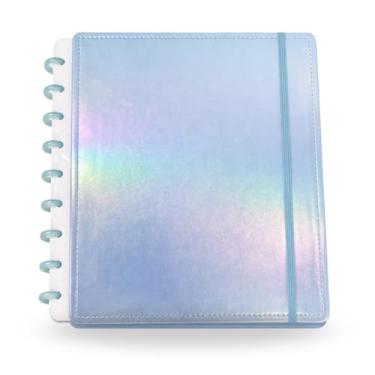 Imagem de Caderno Inteligente Universitário A4, Capa Dura Holográfica, 80 Folhas Pautadas, Discos Coloridos, Personalizável, Soft Touch Metalizado (Azul)