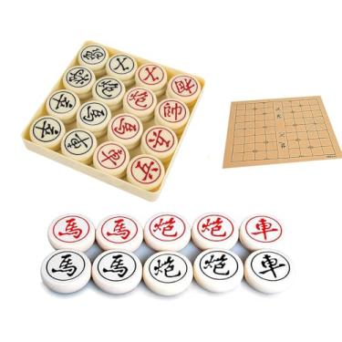 Imagem de HenMerry Conjunto de jogo de tabuleiro clássico chinês (Xiangqi), peças de xadrez de bambu fóssil de jade, conjunto de xadrez portátil para viagem, tabuleiro de xadrez de couro sintético e bolsa de