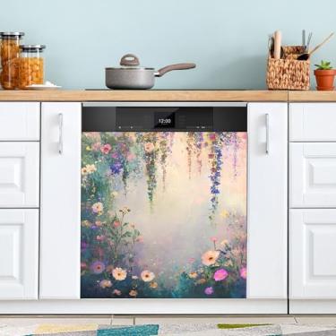 Imagem de SEHANY Capa magnética colorida com flores de jardim Monet para máquina de lavar louça, adesivos magnéticos decorativos antiarranhões para painel de geladeira e lava-louças, decoração de flores de