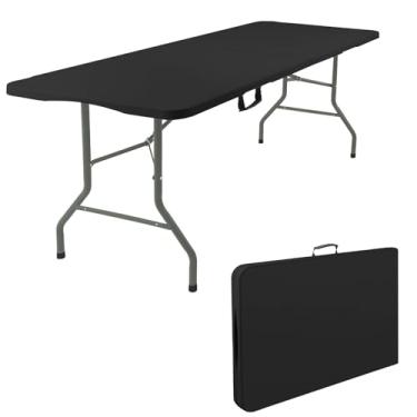 Imagem de Fivenl Mesa dobrável portátil de 1,8 m preta, pernas de aço dobráveis ao meio com alça de transporte, mesa dobrável de plástico retangular para festas, casamentos, acampamento, piquenique, jantar