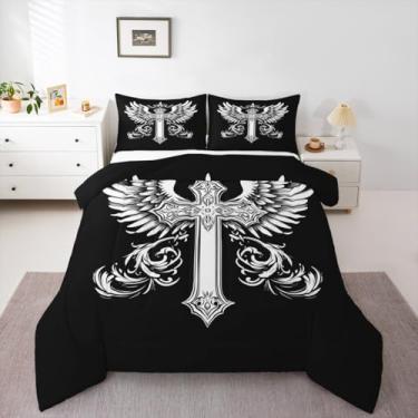 Imagem de Erosebridal Conjunto de edredom com cruz, tamanho king, para adultos, estilo paisley, barroco, vitoriano, vintage, branco, preto e cinza, edredom para todas as estações