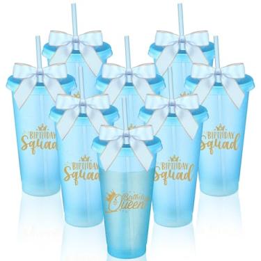 Imagem de Jingmore Conjunto de 8 copos de glitter para festa de aniversário de 680 g copos de plástico queen do esquadrão de aniversário com tampa canudo e laço torcido para decorações de festa de esquadrão