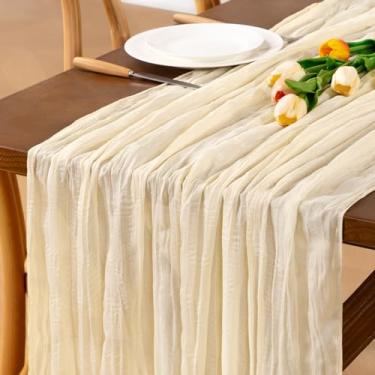 Imagem de Jimtx Corredor de mesa de gaze bege primavera 1 peça caminho de mesa de gaze boho 55 × 30 cm decoração de mesa para casa fazenda casamento chá de bebê festa de aniversário cerimônia