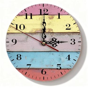 Imagem de Relógio de parede de madeira rústica em tons suaves - rosa amarelo azul Shiplap silencioso sem tique-taque decoração para quarto e sala de estar - relógio pequeno de fazenda - 19 cm