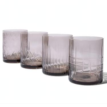 Imagem de Saludi Copos à moda antiga gravados em areia fumê - Conjunto de 4 copos de uísque soprados à mão - 368 g - Base pesada grossa - Pronto para presente