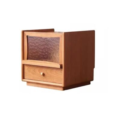 Imagem de Mesa de cabeceira moderna simples de madeira maciça armário de armazenamento casa quarto armário de armazenamento de vidro mesa pequena