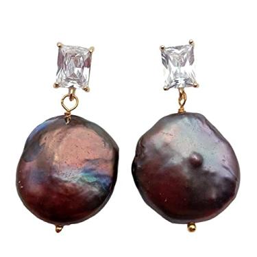 Imagem de Brincos pendentes femininos 21 x 24 mm moeda preta de água doce brincos de pérola DWBPGVUN
