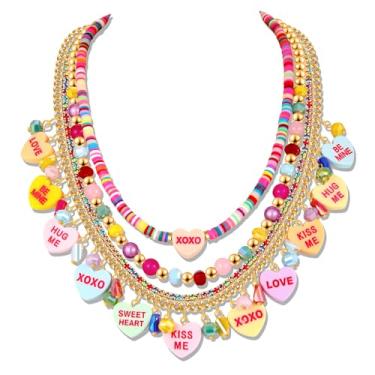 Imagem de HSWE Colares de coração em camadas de dia dos namorados para mulheres engraçadas surfista heishi contas de ouro conversação corações pingente gargantilha colar joias presentes de aniversário para ela