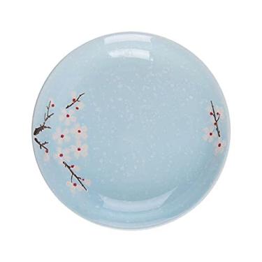 Imagem de Prato de jantar prato de jantar redondo de cerâmica esmaltado flor de cerejeira prato de porcelana prato de sobremesa de frutas prato de lanche (azul 17,5 * 3,4 cm)