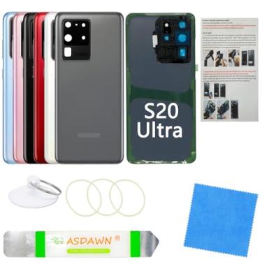 Imagem de Capa de vidro traseira para Galaxy S20 Ultra Substituição da porta com todos os adesivos + lentes de câmera pré-instaladas para Samsung Galaxy S20 Ultra 5G SM-G988 todas as operadoras (cinza cósmico)