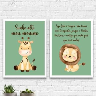 Imagem de Kit 2 Quadros Infantil Tema Safari Sonhe Alto 24X18Cm Branca