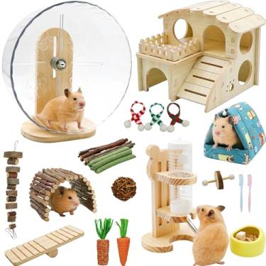 Imagem de CELLENOMC 32 acessórios para gaiola de hamster, roda silenciosa para hamster, conjunto de 22 brinquedos para mastigar, esconderijo de madeira, casa de lã, conjunto de garrafa de água, tigela de comida