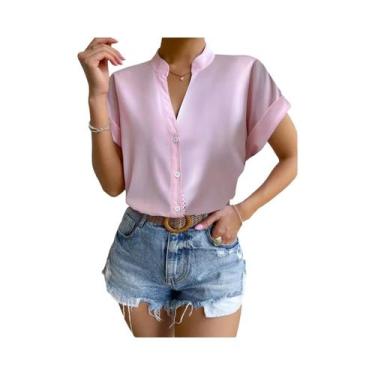 Imagem de Blusa feminina de botão de couro PU, Turn Down Collar, Bodycon Working