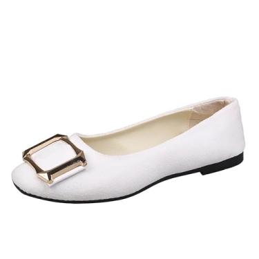 Imagem de Tênis feminino casual cor doce com fivela decorativa e bico quadrado tamanho grande para trabalho e dia a dia, Branco, 35