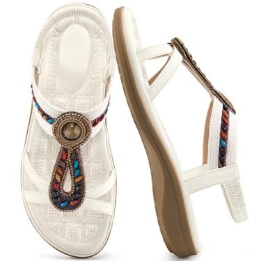 Imagem de Ecetana Sandálias femininas elegantes de verão confortáveis sem cadarço boêmia sandálias rasteiras sapatos de praia para caminhadas, Branco, 36