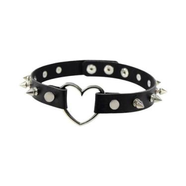Imagem de Colar Gótico Feminino Preto De Couro Punk Com Coração, Cadeado E Espin