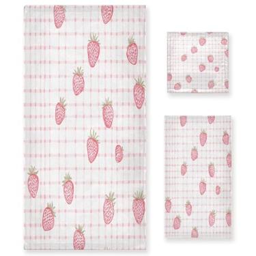 Imagem de xigua Conjunto de toalhas de banheiro de morango absorvente macio toalha de banho de 3 peças toalha de mão toalhas decorativas para banheiro, academia, hotel, praia, piscina