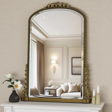 Imagem de Espelho de parede, espelho de banheiro esculpido vintage 56 cm x 81 cm espelho de parede com moldura de metal antigo para quarto, sala de estar, entrada, lareira, corredor, dourado