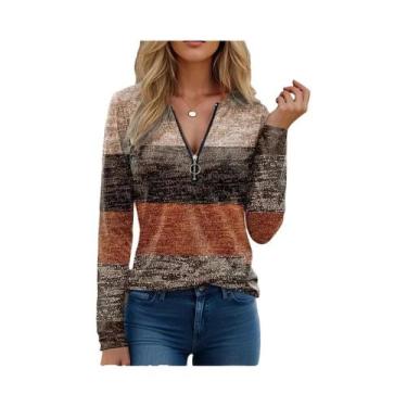 Imagem de Camiseta Feminina Com Decote Em V E Zíper, Manga Longa, Estampa De Flo