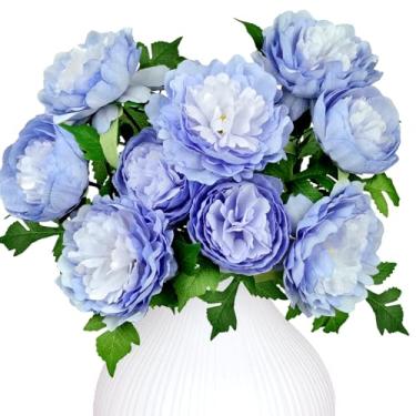 Imagem de LA.PONEE Flores artificiais de peônias azuis premium, flores de peônia de seda falsa com hastes, florais falsos para buquês de noiva, arranjos florais, centros de mesa, decorações de casa (azul claro)