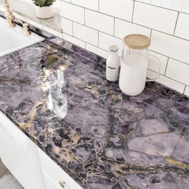 Imagem de Wallderful Papel de contato de mármore dourado roxo brilhante para bancadas de cozinha autoadesivo à prova d'água papel de parede de mármore descasque e cole papel de parede moderno com veias