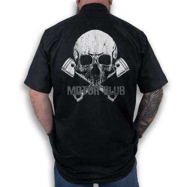 Imagem de Camisa Workshirt Preta Motor Club Skull Pistão Mecânico Old School No 