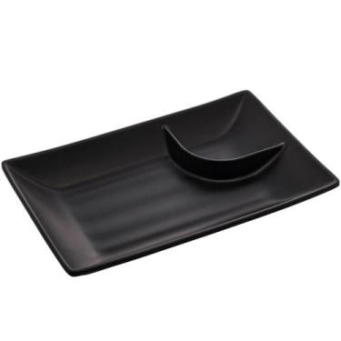 Imagem de Kit 10 Pratos para Sushi com Molheira Melamina Pretos 19x12,5cm Lyor T