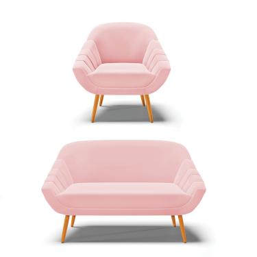 Imagem de Kit 01 Namoradeira 02 Lugares e 01 Poltrona Giovana Suede Rosa Bebê Pés Palito Castanho - D'Rossi