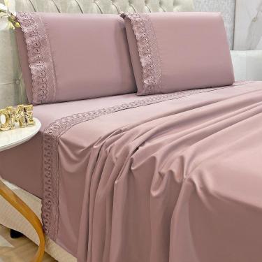 Imagem de Jogo De Lençol Clara Queen 4 Peças Micropercal 300 Fios Bordado Inglês - Malva - 100% Poliéster