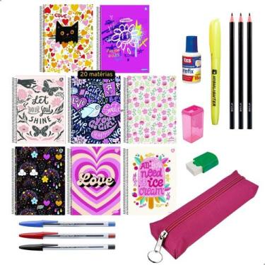 Imagem de Kit Material Escolar Caderno 20 Matérias Estojo + Itens Essenciais - M
