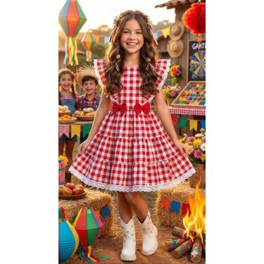 Imagem de Vestido Infantil Banana Club Aline Xadrez Vermelho para Festas Juninas