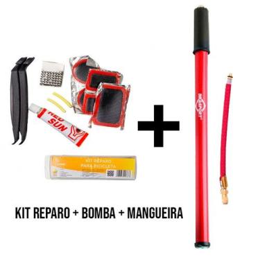 Imagem de Kit Bomba Ar Manual + Reparo Pneu Bike + Mangueira - Rod