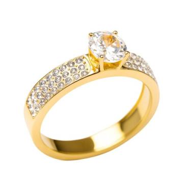 Imagem de Anel Solitário Dourado Aro Cravejado Zircônia Aço Inox 316L Tamanho:21