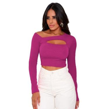 Imagem de Cropped Manga Longa Blusa Feminina Decote Vazado Blogueira - SWISS BOU
