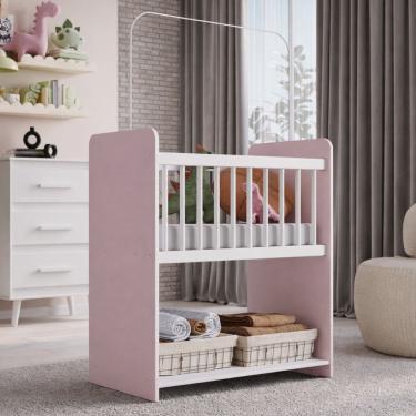 Imagem de Mini Berço Fixo Moisés Toy Para Bebê com Colchão 89cm Branco Rosa - Desk Design