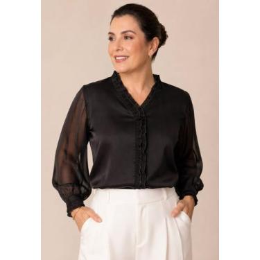 Imagem de F1808-Camisa Blusa Social Feminina Babado Plus Size Preta 430q - - XUM