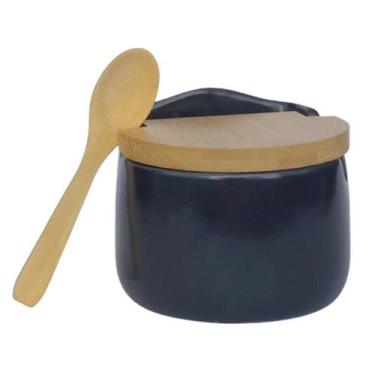 Imagem de Saleiro Cerâmica Tampa Bambu com Colher Porta Sal Cozinha - Wolff